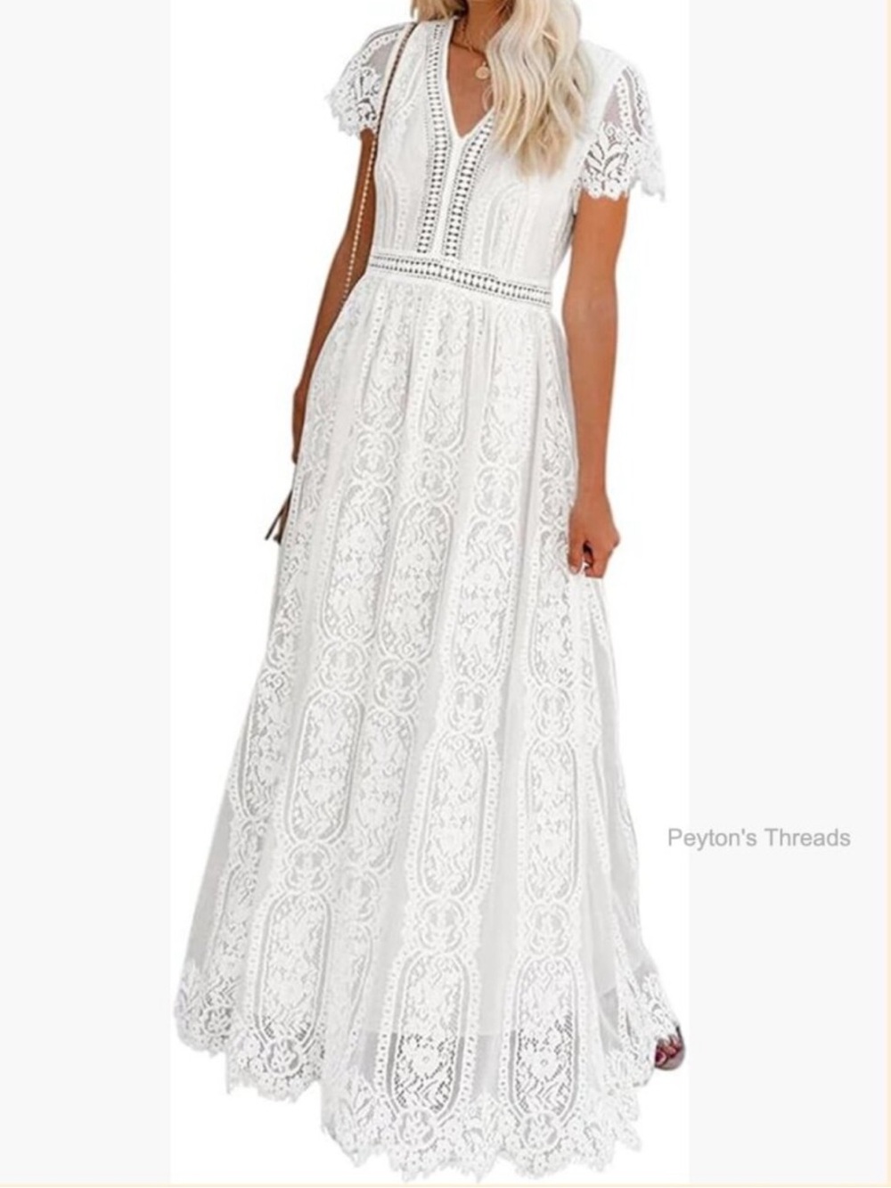 New Lace Hollow-Out V Neck White Flowy Maxi Dress Lace Boho size medium